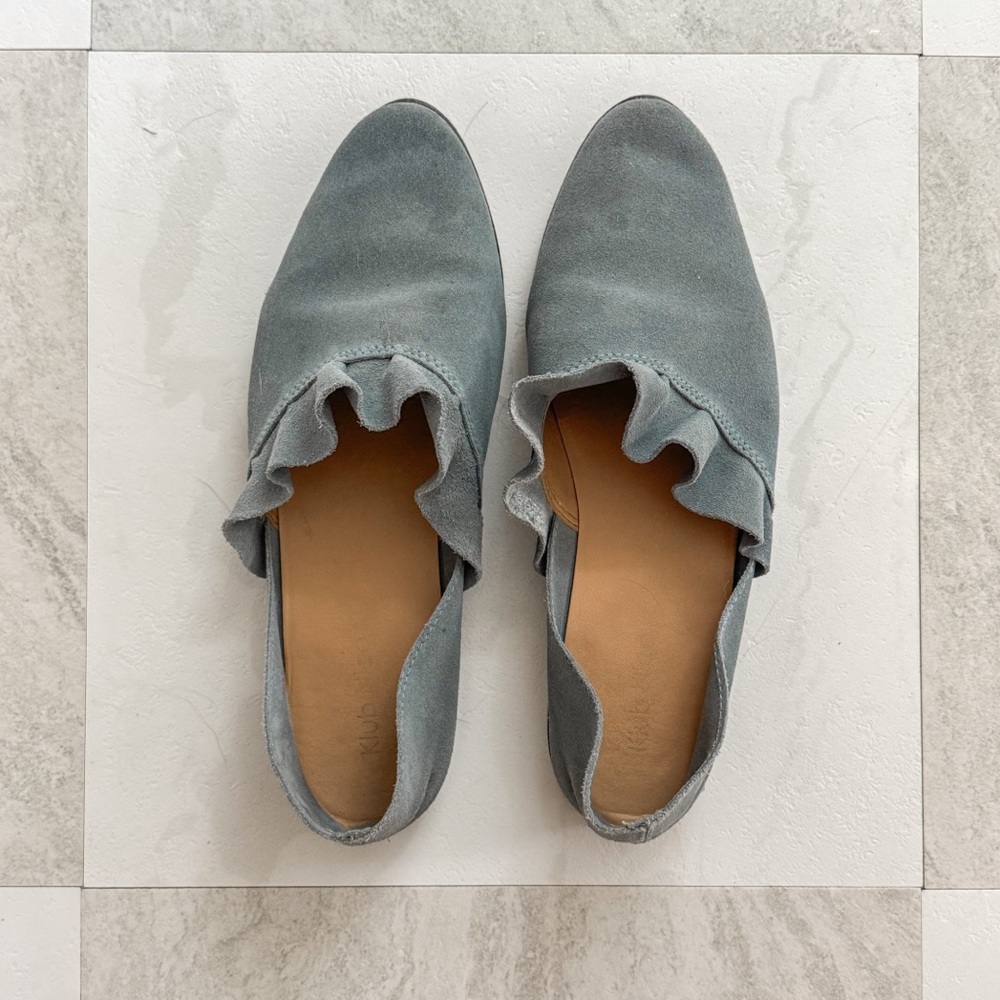 Anthropologie Blue Suede Ruffle Loafers